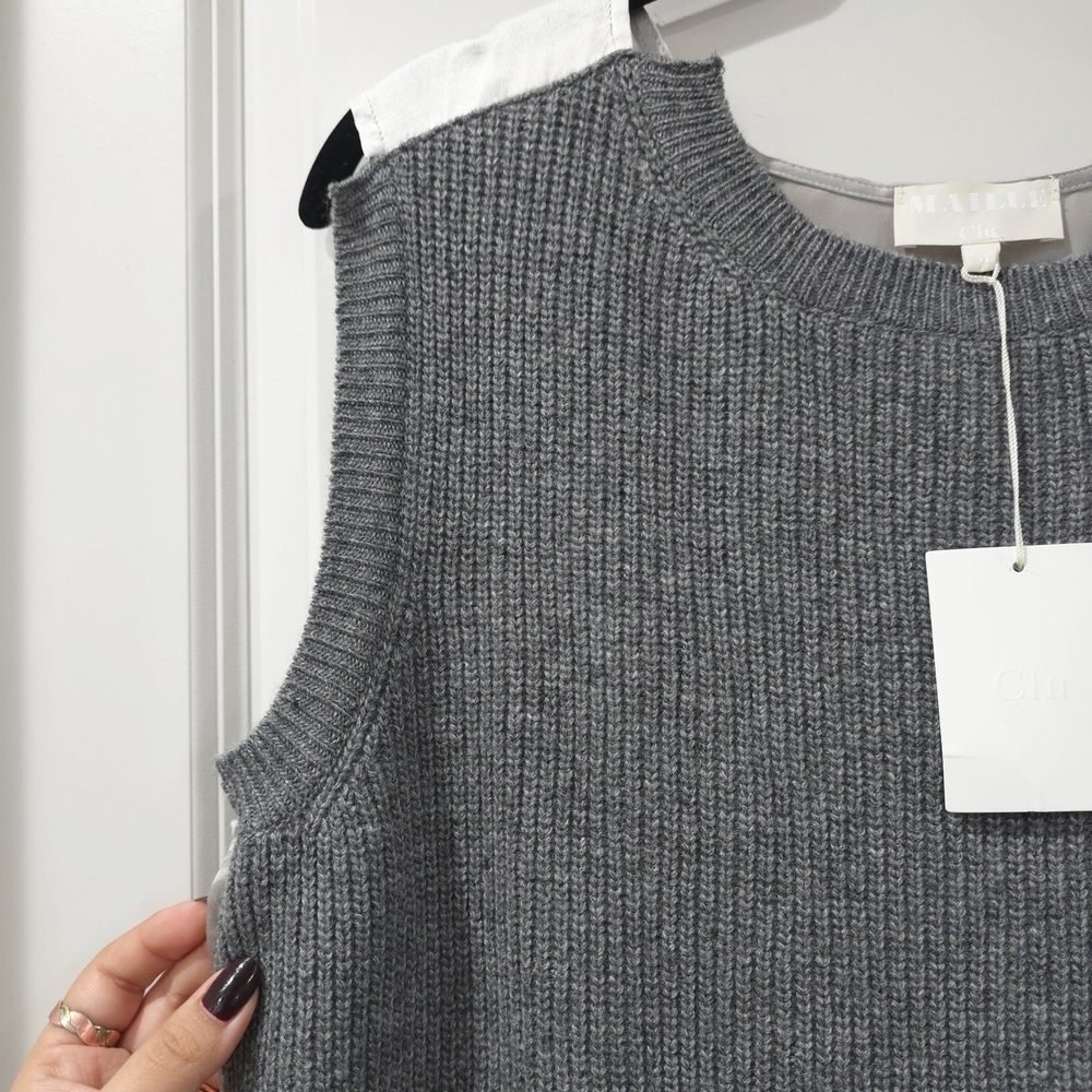 CLU Mixed Media Gray Silver Sleeveless Lambswool Knit Top with 100% Silk Details - Picture 4 of 14